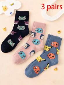 pokemon 1/3 双装 男士/男女通用 可爱卡通宝可梦皮卡丘提花图案中筒袜，透气、耐穿、舒适，适合日常穿着，多种颜色可选，运动休闲皆宜，四季皆宜，欧美尺码 - 彩色 - 查看 4