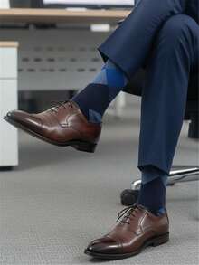1 Pair Men's Socks, Classic Diamond Pattern, Reinforced Sole, Mid-Calf Length, Business Style, Spring/Autumn