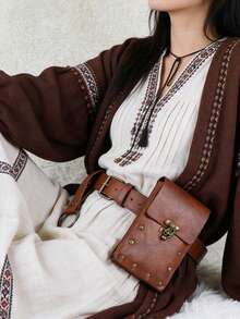 3件套中世纪腰包棕色PU皮革腰包复古裙套适合文艺复兴时期维京时代腰包角色扮演道具 - 棕色 - 查看 4