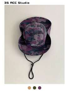 Topi Bucket Ringan Cepat Kering Motif Kamuflase Patchwork, Topi Pelindung Matahari Bernapas untuk Aktivitas Luar Ruangan Mendaki, Memancing, Unisex Musim Panas - tali lanyard kamuflase - View 14