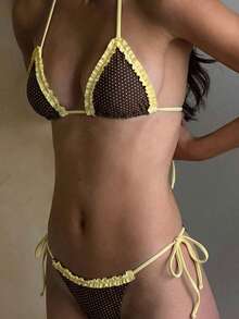 ROMWE Avant Women's Retro Polka Dot & Plaid Bikini Set, Suitable For Outings, Vacations, Music Festivals, Pool Parties, Carnivals And Other Summer Occasions Beach - Brownish-yellow - View 8