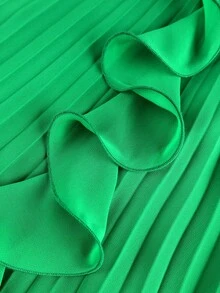 大码女式圆领喇叭袖连衣裙，荷叶边下摆，系腰绿色长款派对连衣裙 - 綠色 - 查看 8