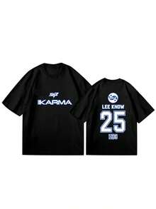 Camiseta con el logo del 4º álbum de Stray for KARMA - Merchandising oficial de K-Pop con nombre en coreano e inglés, impresión de doble cara, ropa de calle de gran tamaño - Negro - Ver 11
