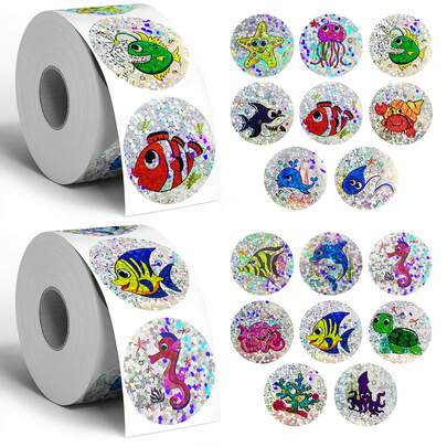 500张/卷 全息海洋鱼类贴纸，闪亮动物全息贴纸，光面自粘贴纸，适用于派对用品、贺卡、信封、剪贴簿、装饰