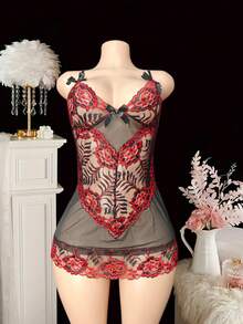Sexy Lingerie - Lace Embroidered Camisole Set, Includes Panties And Chemise, Sexy Underwear, Sexy Sleepwear, Babydoll Lingerie - Black - View 4