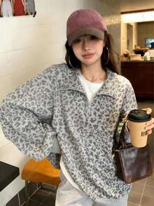 Y2K Leopard Corduroy Half-Zip Oversized Pullover (Cozy Lazy Vibe Top) - 灰色*春秋百搭 - 查看 6