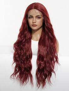 28英寸长酒红色波浪卷发多层次发型合成自然假发蕾丝前假发13*4*1手工编织蕾丝化纤发日常进口丝绸派对婚礼音乐节万圣节礼物 - 酒紅色 - 查看 3