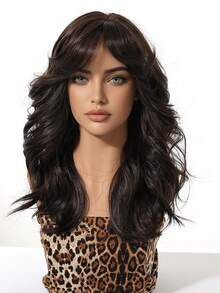 Elegant Curly Wave Mocha Brown Wig For Women, 100% Tang Long Fiber, Medium Length With Bangs, Scalp Simulation, 150% Density, Flexible Rose Net Cap, Heat Resistant, Versatile Styling Options - Mocha Brown - View 6