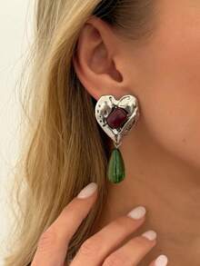 1 Pair Luxury Resin Teardrop Gemstone Earrings, Vintage Creative Exaggerated Metal Heart Stud Earrings, Charming Fashion Jewelry For Women - Heart-shaped Earrings - View 5