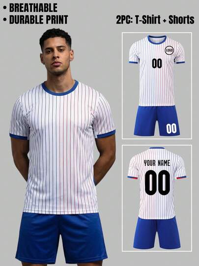 2pcs Personalised Football Kit For Men, Football Jersey And Shorts With Name Number Logo, Quick Dry Breathable