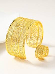 2pcs Vintage Elegant 18K Gold Plated Hollow Flower Women Bracelet & Ring Jewelry Set, Suitable For Daily, Festival Wear, Party Or Wedding Gift - Multicolor - View 5