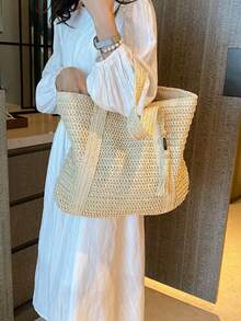 Túi xách đa năng thời trang mới, túi đi biển, thiết kế dệt thanh lịch nhẹ nhàng, túi đeo vai phong cách Bohemian, túi cầm tay, dung tích lớn, phù hợp cho phụ nữ, sinh viên đại học, thanh thiếu niên, có tua rua trang trí. - Màu be - Xem 9