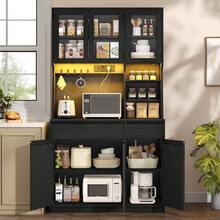 HEXCELEN Kitchen Cabinet, Sideboard, Tall Cabinet With Sockets And LED Light Strips, With Worktops And Two Drawers, Adjustable Shelves, Kitchen, 40 X 100 X 180 Cm, Black - 查看 2