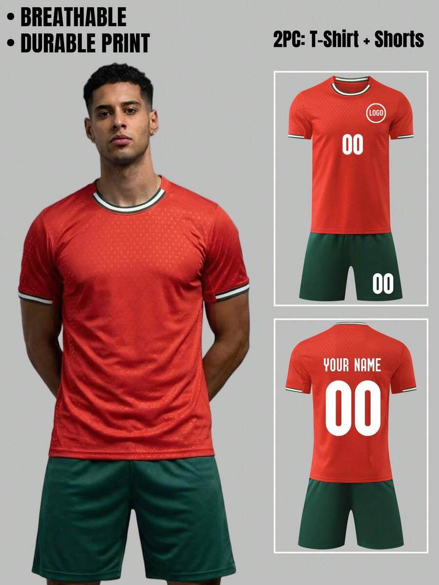 2pcs Personalised Football Kit Men, Football Shirt And Shorts, Breathable Moisture Wicking Fabric - Red - View 1
