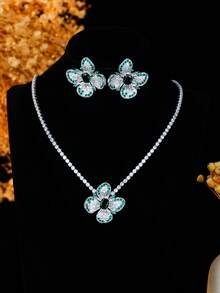 Green & White Rhinestone Flower Necklace & Earring 2 Pieces Set, Luxury Elegant Jewelry For Banquet & Wedding - Multicolor - View 6