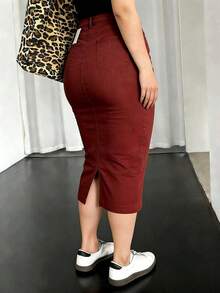 Angola Red Denim Midi Skirt | High-Waisted Straight Split Hem | 2026 Autumn/Winter Color | Hip-Hiding & Slim-Fit | Versatile For Work & Daily |Skirts For Women|Faldas De Mujer|Faldas - Đỏ - Xem 5