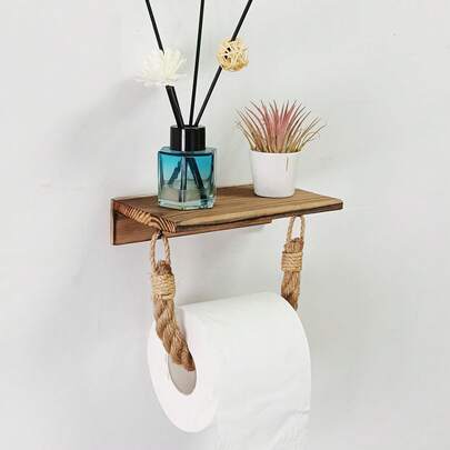 1 pieza Soporte multifuncional para papel higiénico, estante de pared de madera para papel higiénico sin necesidad de perforar, soporte para teléfono, papel higiénico, difusor de aromas