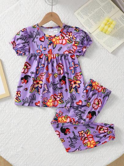 Disney Authorized Cute Minnie Mouse Young Girls 2-Piece Set - Round Neck Short Sleeve Top And Long Pants, Minnie Mouse Pattern, Casual Summer T-Shirt, Playful & Fashionable, Breathable Fabric, 2-Piece Outfit, Children Shorts Set, Young GirlClothing