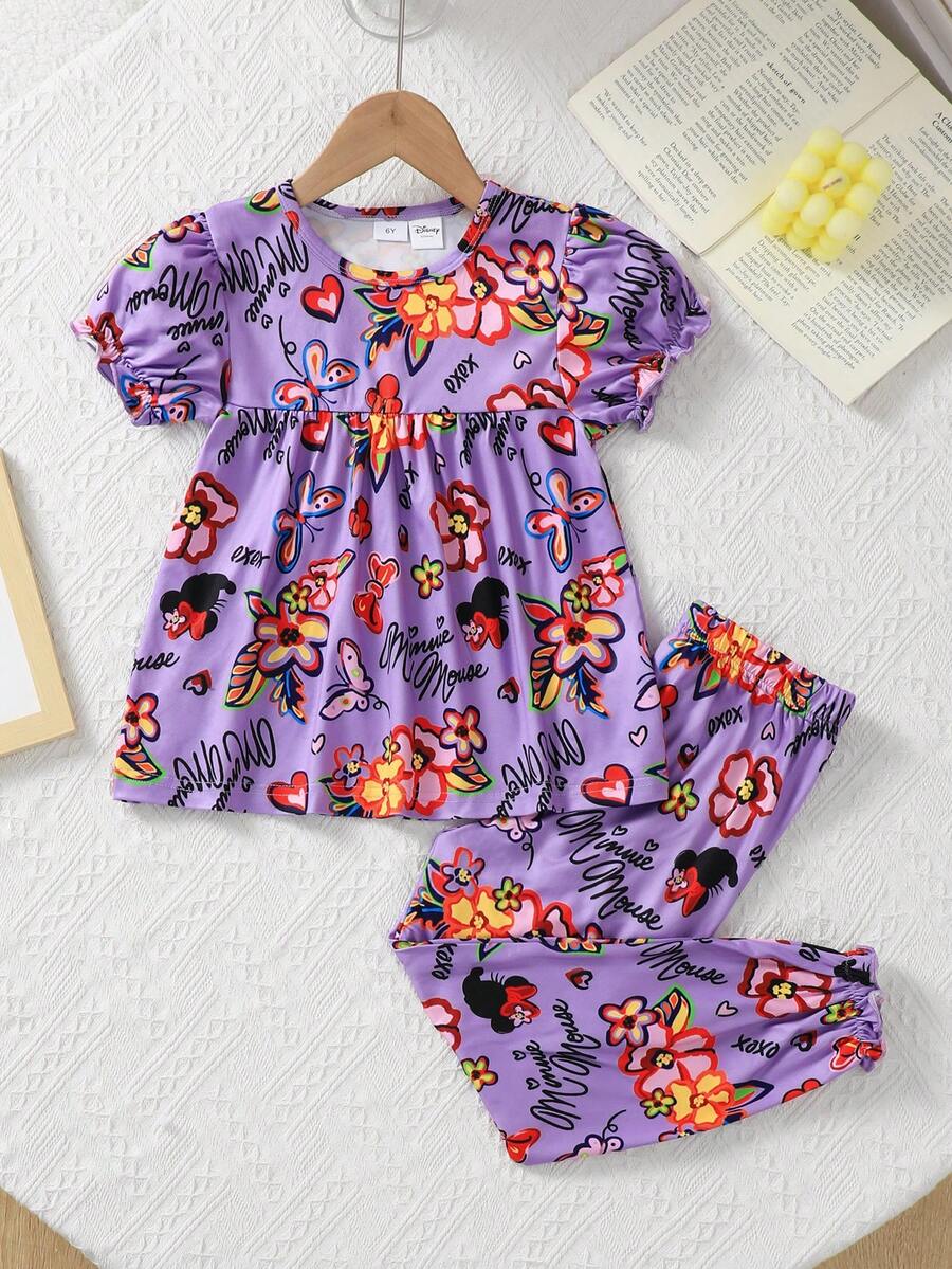 Disney Authorized Cute Minnie Mouse Young Girls 2-Piece Set - Round Neck Short Sleeve Top And Long Pants, Minnie Mouse Pattern, Casual Summer T-Shirt, Playful & Fashionable, Breathable Fabric, 2-Piece Outfit, Children Shorts Set, Young GirlClothing - Purple - View 1