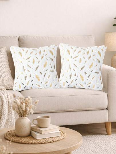 2 件装白色波西米亚风仿毛皮绒面枕套，43*43 厘米抱枕套，金色羽毛设计，奢华抱枕套，婚礼装饰，新娘送礼会回礼，生日派对装饰，婴儿派对装饰，卧室配件，办公椅用品，客厅装饰，家居装饰理想之选，节日派对用品