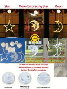 3pcs Moon & Star Window Lights, Suction Cup Hanging LED Battery Powered Holiday Decor Lights, Indoor/Outdoor Decoration For Home Gatherings, Weddings, Birthdays, Valentine's Day - Multicolor - View 7