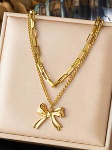 1 pieza de collar de joyería de acero inoxidable con colgante de luna, círculo de corazón blanco y negro, y cadena doble capa apilada con lazo de estilo elegante y sencillo chapado en oro - Blanco - Ver 3