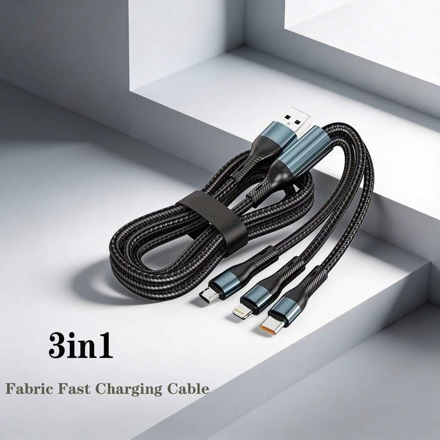 1pc 120W 3-In-1 Fast Charging Braided Data Cable, USB Multi-Function High-Efficiency Data Transfer & Charging Cable Compatible With IPhone 17/16 Pro Max/16 Pro/16 Plus/16/15/14/13/12/11/XS/XR/8/7/6, S25/S24/S23/S22/S21 Ultra Plus, Series - Black - View 1