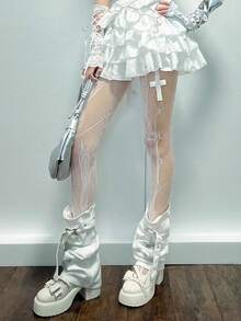 1 Pair Spring/Summer Pink/Black/White Hollow Out Fishnet Stockings, Asymmetrical Mesh Tights With Side Rose Flower Cutouts, Distressed Jacquard Sheer Pantyhose, Y2K Baddie Punk Rock Festival - Multicolor - View 8