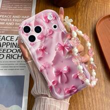 1pc Pink Bow Print Funny Pattern Shockproof Phone Case With Rose Wrist Strap, Suitable For Self-Use, Couple/Valentine's Day, Spring Gifts, Compatible With IPhone 11/12/13/14/15/16/16 Pro/16 Pro Max
