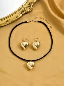 1 Set Minimalist Heart Shaped Earrings & Necklace Jewelry Set, Suitable For Women's Daily Wear - Gold - View 4
