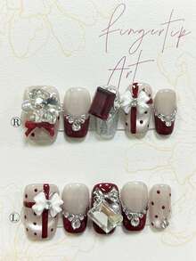 10pcs Luxury Holiday 3D Bow Pearl Chain Handmade Press-On Shiny Polka Dot Artificial Nails, Removable & Reusable Nail Art Supplies (1 Jelly Sticker + 1 Nail File) - Burgundy - View 4
