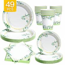 8件套清爽青柠叶一次性餐具套装，包括餐盘、餐巾纸和杯子，适合派对、生日、婚礼、家庭野餐等场合。 - 彩色 - 查看 1