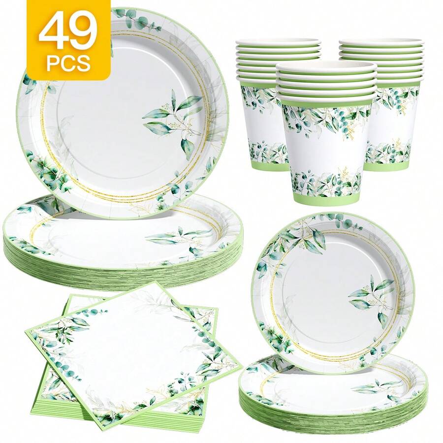 8件套清爽青柠叶一次性餐具套装，包括餐盘、餐巾纸和杯子，适合派对、生日、婚礼、家庭野餐等场合。 - 彩色 - 查看 1