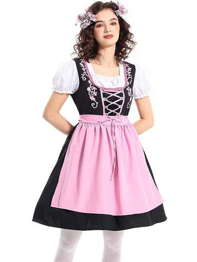 Disfraz de Oktoberfest rosa para mujer, incluye delantal, vestido de dirndl bávaro para carnaval, Halloween, disfraz de sirvienta para fiesta