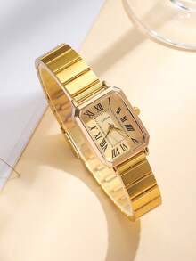 1pc Shiny Glamorous Square Dial Girl's Quartz Watch, Seamless Transition Between Business And Casual, Birthday Gift / Holiday Gift - Gold - View 5