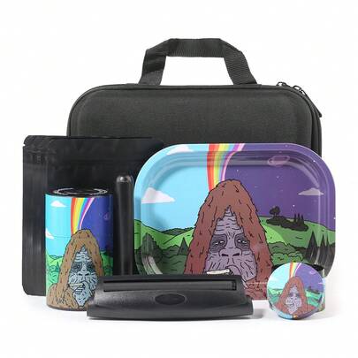 OFFPUFF 18 Pieces Gorilla Themed Portable Stash Box Metal Grinder Rolling Tray Machine Combo