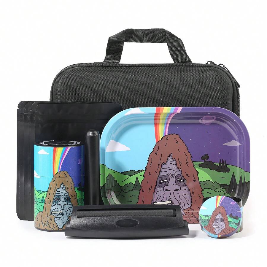 OFFPUFF 18 Pieces Gorilla Themed Portable Stash Box Metal Grinder Rolling Tray Machine Combo