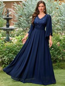 MIUSOL Colorblock Sequin Floral Lace V-Neck Ruffle Sleeve Chiffon Maxi Formal Party Dress Wedding Spring - Navy Blue - View 5