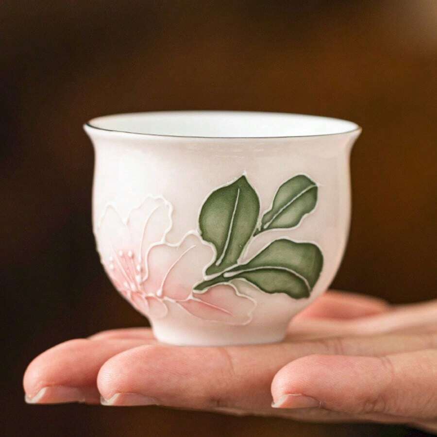 Hand-Painted Embossed Pink Lily Ceramic Tea Cup, Chinese Style Small Teacup, Gourmet Tea Cup, Single Cup, Household Teacup, Water Cup - Multicolor - View 1