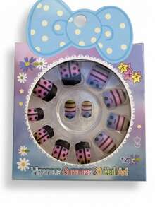 Set de 6 paquetes de 12 Uñas Postizas Infantiles de Colores, Diseños 3D de Animales, Frutas y Figuras Kawaii para Niñas, Kit de Manicura Divertida. - Multicolor - Ver 10