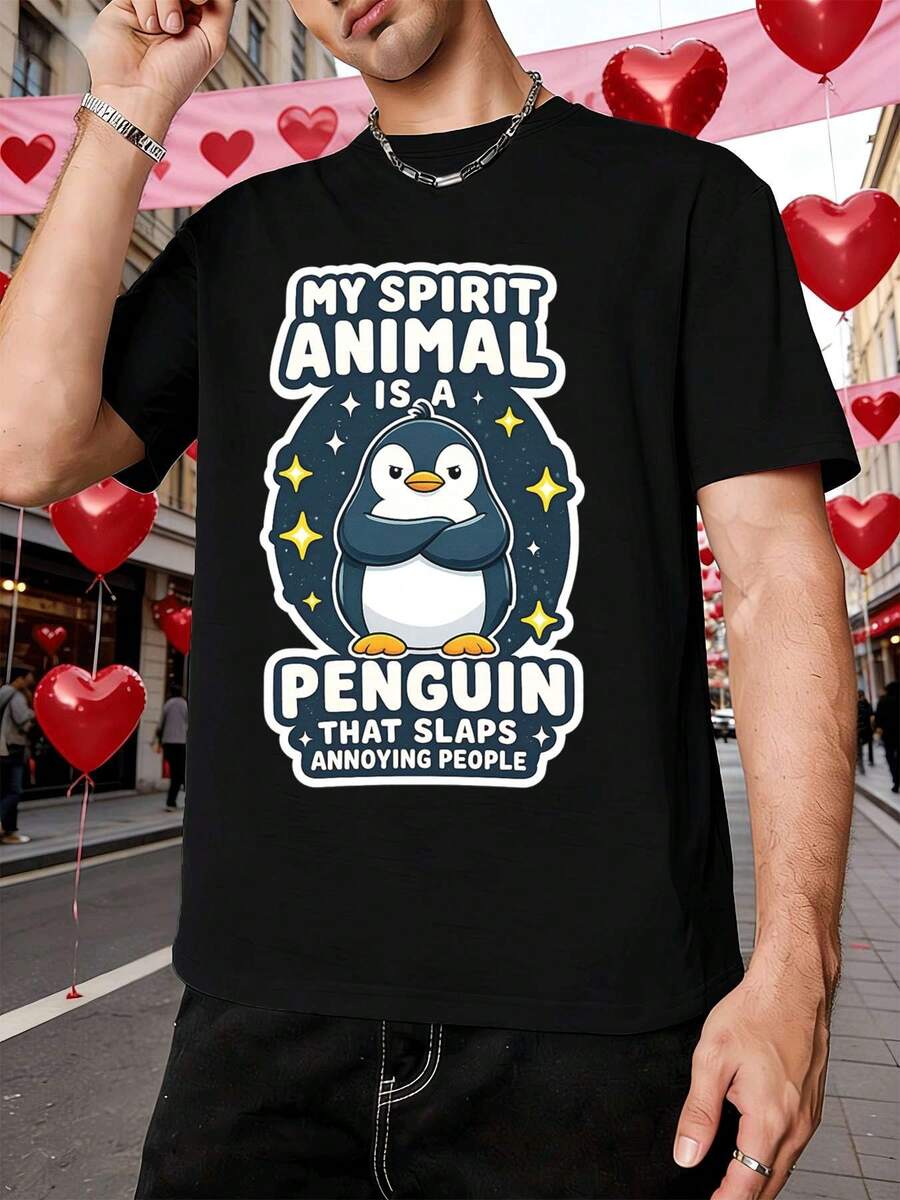 Camiseta divertida para hombre con motivo de pingüino para primavera, material de primera calidad, ajuste cómodo, transpirable, estilo hip-hop callejero, estampado llamativo. - Negro - Ver 1
