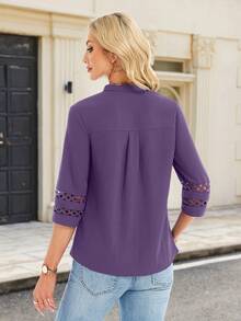 3/4 Length Sleeve Womens Tops V Neck Dressy Casual Blouses Lace Tunic Pleated Shirts Business Casual Outfits 2026 Designed With A Stand Collar V-Neck, Front Pleats And 3/4 Sleeves Featuring Hollow-Out Cuffs - 紫色 - 查看 5
