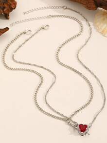 一套两件情人节红色锆石心形吊坠项链，锁骨链，情人节礼物 - 愛心項鍊套裝 - 查看 2