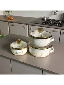 3pcs Enamel Coated Pots With Gold Rim, Enamel Bowls, Household Pots, Mini Pots, Enamel Soup Pots, Ramen Bowls, Small Hot Pot, Thick Enamel Coated Pots, Mini Saucepan, Enamel Coated Pots With Dual Handles For Induction Cooktop And Gas Stove, Enamel Coated Soup Pot, Lard Jar, Milk Pot With Lid, Dual-Use For Induction Cooktop