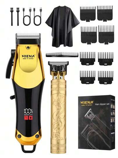HIENA 2pcs/Set Hair Clipper Combo, T9 Blade Electric Shaver, Wireless Golden Electric Hair Trimmer, LED Display, Long Lasting Battery, Helpful Home Companion