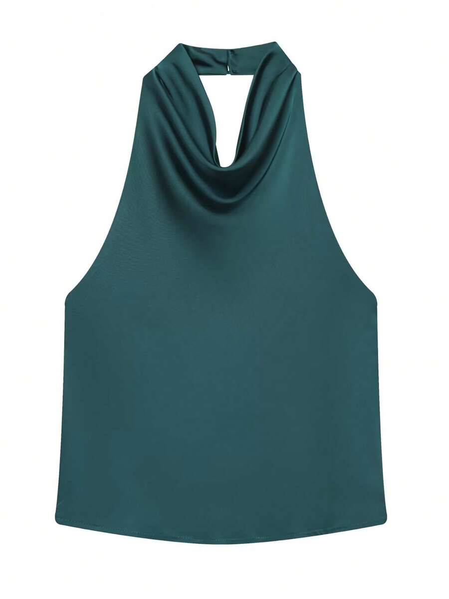 Áo hai dây hở lưng bằng satin đen dành cho nữ, Áo tank top đi biển mùa hè dành cho nữ, Áo hai dây trễ vai dây mảnh dành cho nữ - Màu xanh lá cây đậm - Xem 1