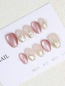 10 片手工制作的短椭圆粉色法式按压式猫眼美甲，白色和粉色搭配金色点缀，可重复使用的假指甲，适合女孩或女士在假期或特殊场合佩戴。 - 淺粉色 - 查看 3