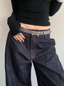 1pc Women's Silver Shiny PU Leather Casual Letter Buckle Design Versatile Belt - Silver - View 5