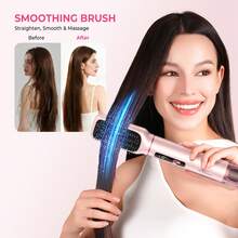 ATOPSKINS 2026升级版五合一多功能造型工具（卷发棒+吹风机+热风梳+直发梳）| 5个可拆卸可互换刀头+3档温度设置+LED数字温度显示及精准调节| 自动卷发，打造沙龙级卷发/波浪/直发/柔顺造型| 蓬松刘海 - 粉色 - 查看 5