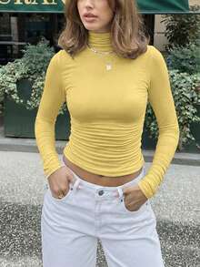 Women's Casual Solid Color Y2K High Neck Long Sleeve T-Shirt, Autumn - Mustard Yellow - View 7